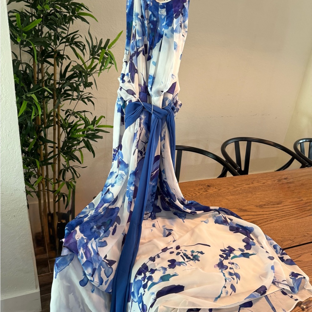 R&K Blue Floral Watercolor Maxi Dress w/ Sash Belt – Size 8